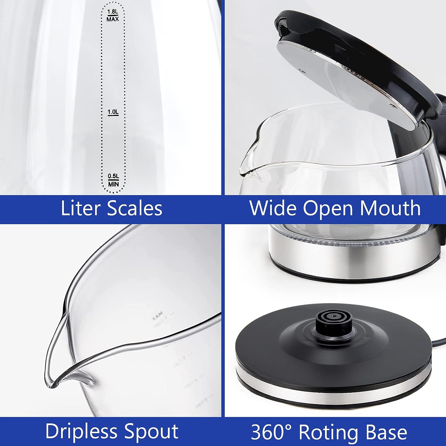 Electric Kettle Water Boiler 1.8L Wide Opening LED Light Auto Shut Off