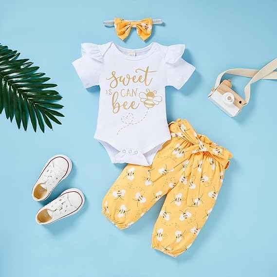 Infant Baby Girl Sweet Bee Outfits Letter Print Romper Honey Bees Pant Secondary image