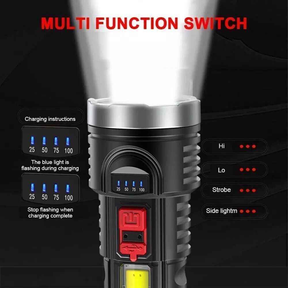 LED Flashlight Torch Rechargeable Work Light Built-in Battery