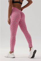 Leopard Print Yoga Pants in pink with seamless fit, perfect for yoga, Pilates, and daily wear.