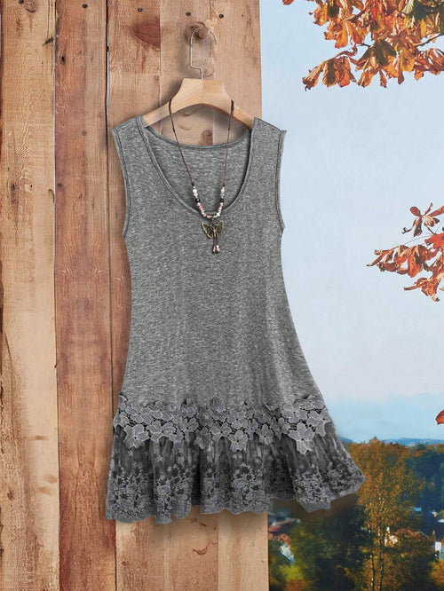 Spring And Summer New Round Neck T-shirt, Lace Lace Casual Off-the-shoulder Short Sleeve Long T-shirt displayed on a hanger.