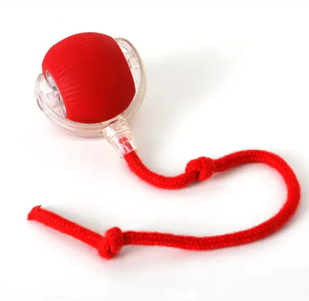 Self-Playing Rolling Cat Ball in red and clear design with a rope, perfect for engaging indoor play for cats.