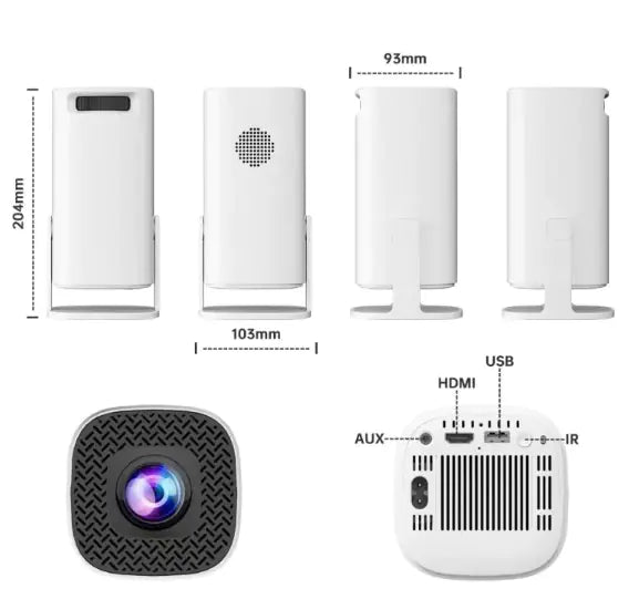 P30 Game Console Projector showing different angles, dimensions, and connection ports for enhanced gaming experience.