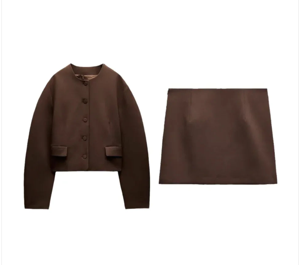 Slim-Fit Stand Collar Jacket & Skirt Set in brown with long sleeves and a short skirt, perfect for modern streetwear.