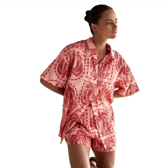 Cardigan Printed Short Sleeve shorts suit with bold pink and red palm print for casual outings and warm days.