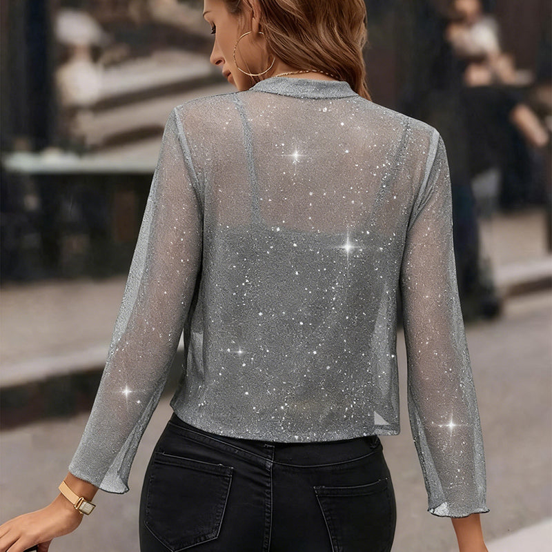 Women's Elegant Sequin Trim Cardigan, Cropped Open Front Blazer