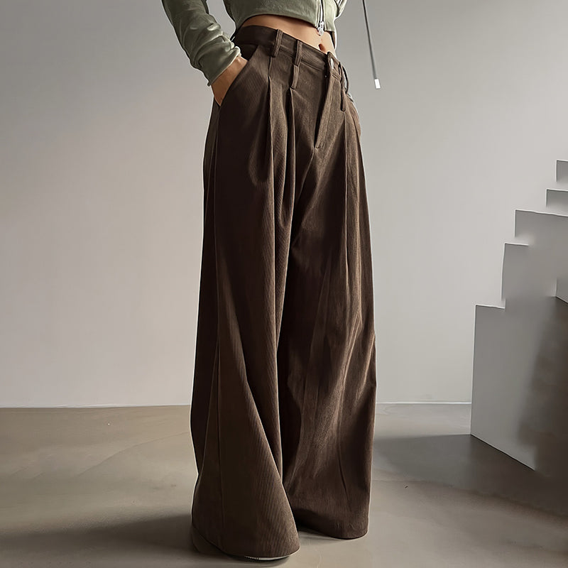 Women's Solid Color High-Waisted Pleated Pants with Pockets Wide Leg