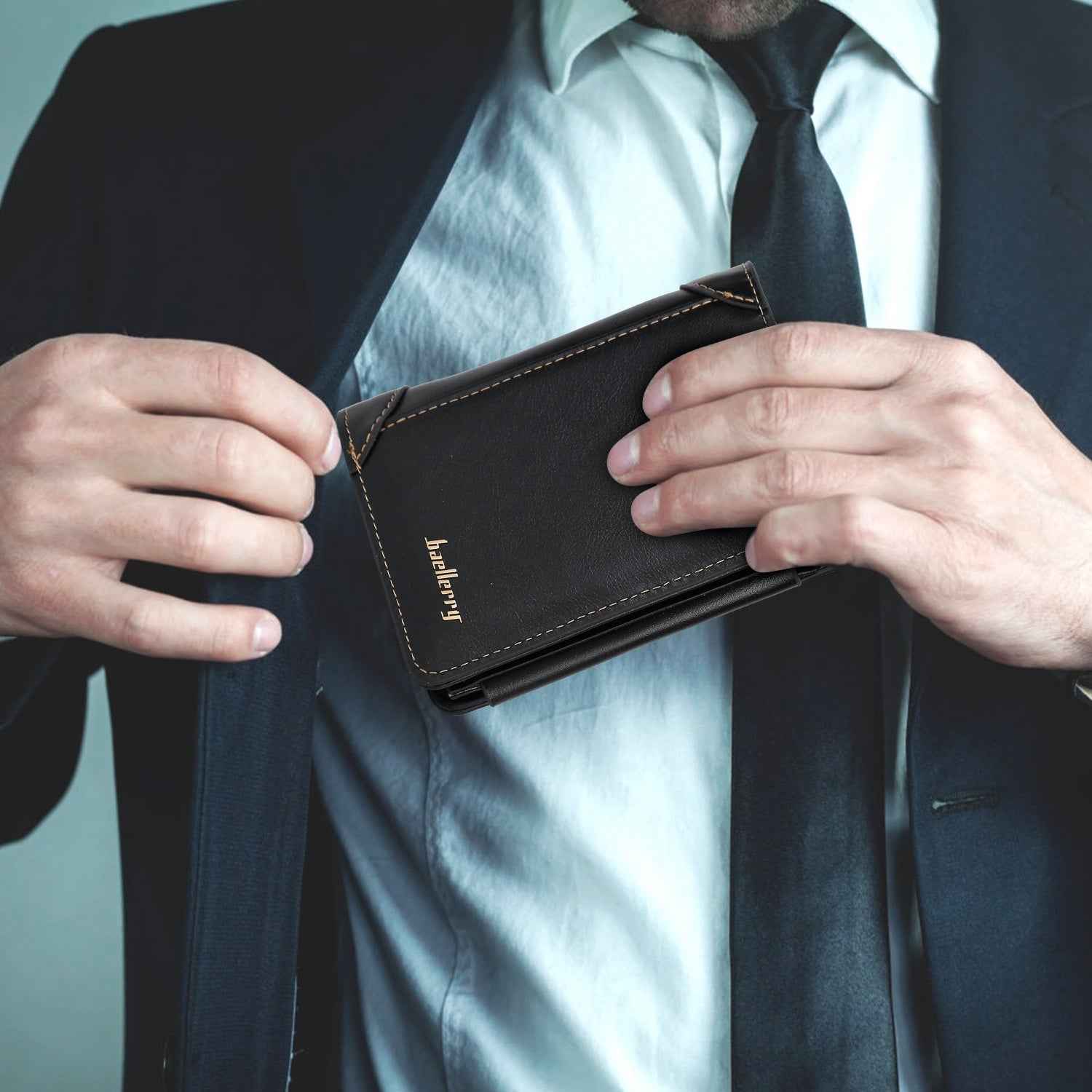 1Pc Men Leather Wallet ID Card Holder Purse Trifold Clutch Money Zipper With ID Window 14 Credit Card 1 ID Card