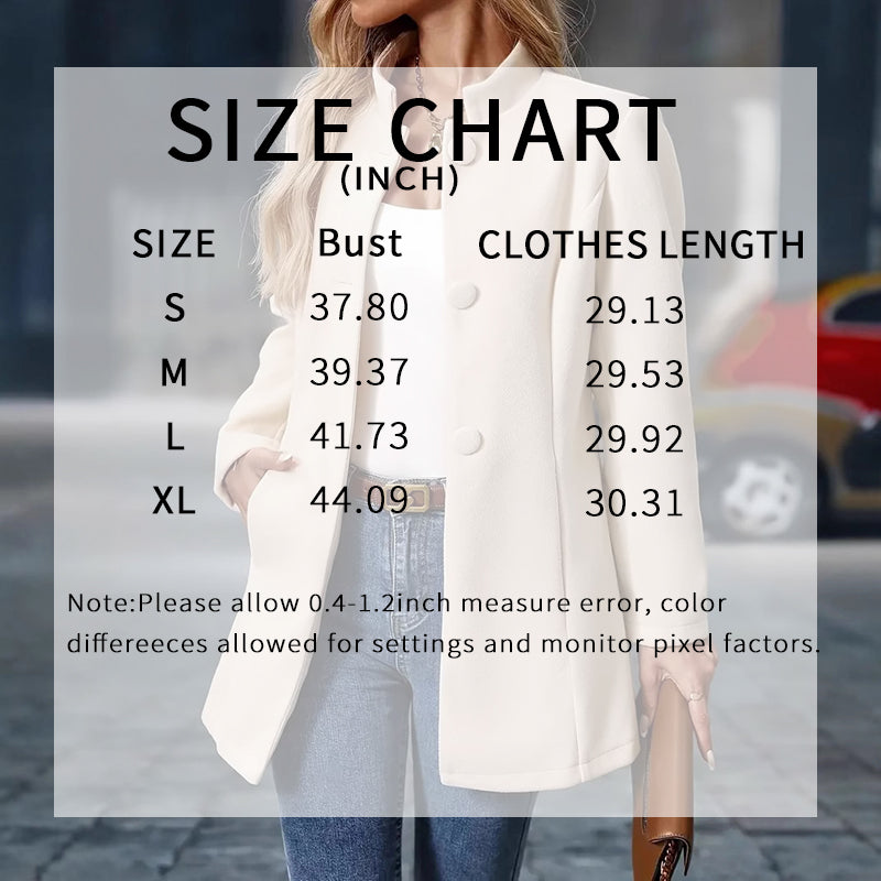 Womens Elegant Single Breasted Coat Long Sleeve Mid Winter Overcoat Work Office Coats size chart displaying bust and clothes length measurements.