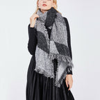 1Pc Women Winter Warm Scarf 74.8x25.6In Long Soft Knitted Shawl Extra Thick Plaid Blanket Wrap Cape worn by a model.