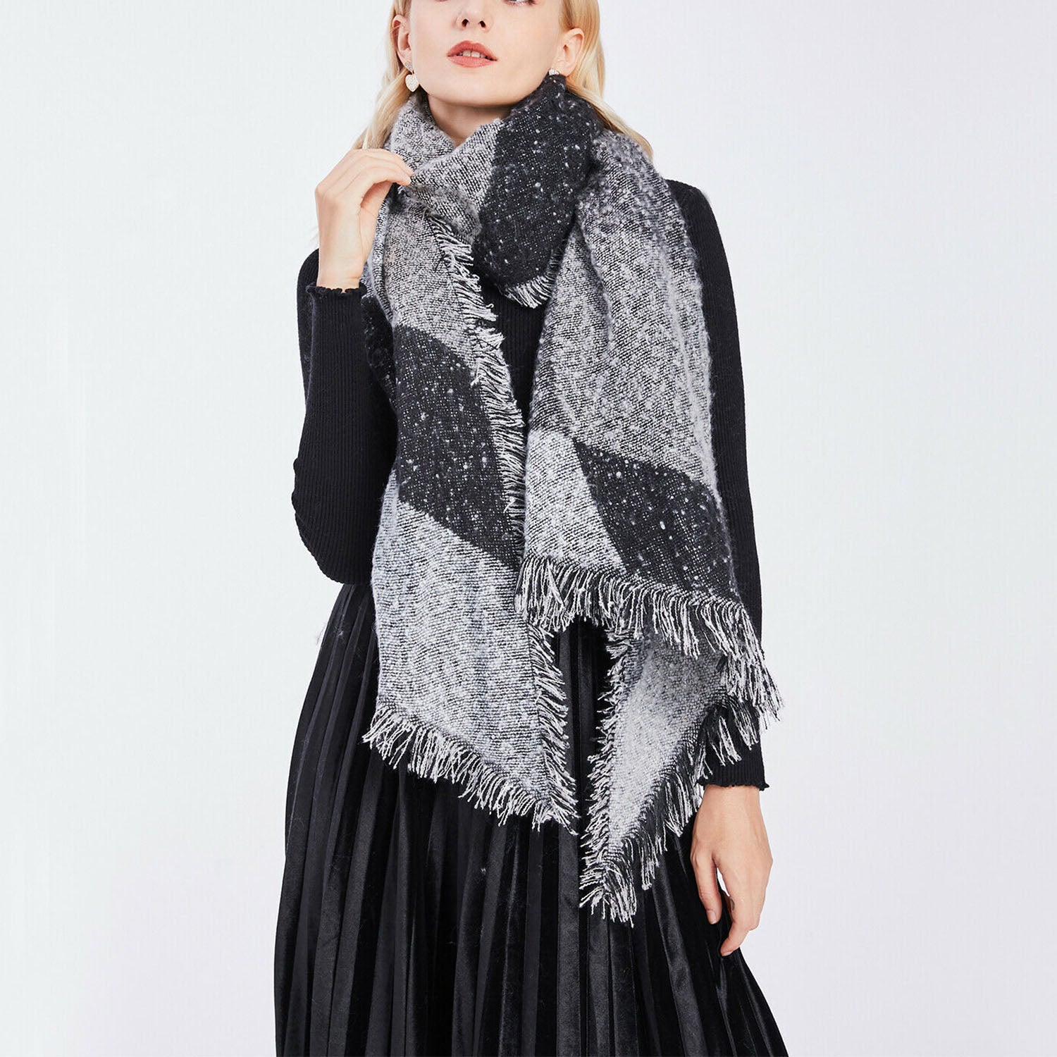 1Pc Women Winter Warm Scarf 74.8x25.6In Long Soft Knitted Shawl Extra Thick Plaid Blanket Wrap Cape worn by a model.