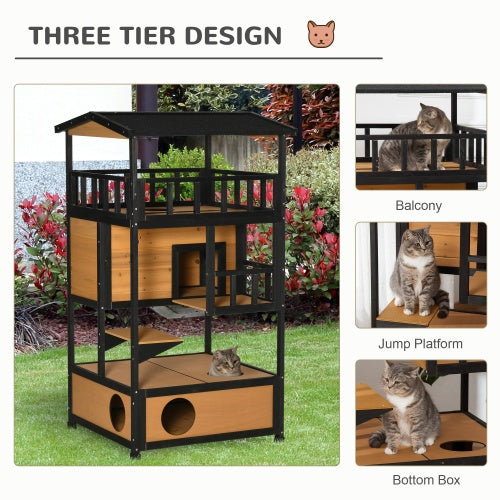 Wooden Outdoor Cat House, Wild Cat Shelter Kitten Tree Weatherproof