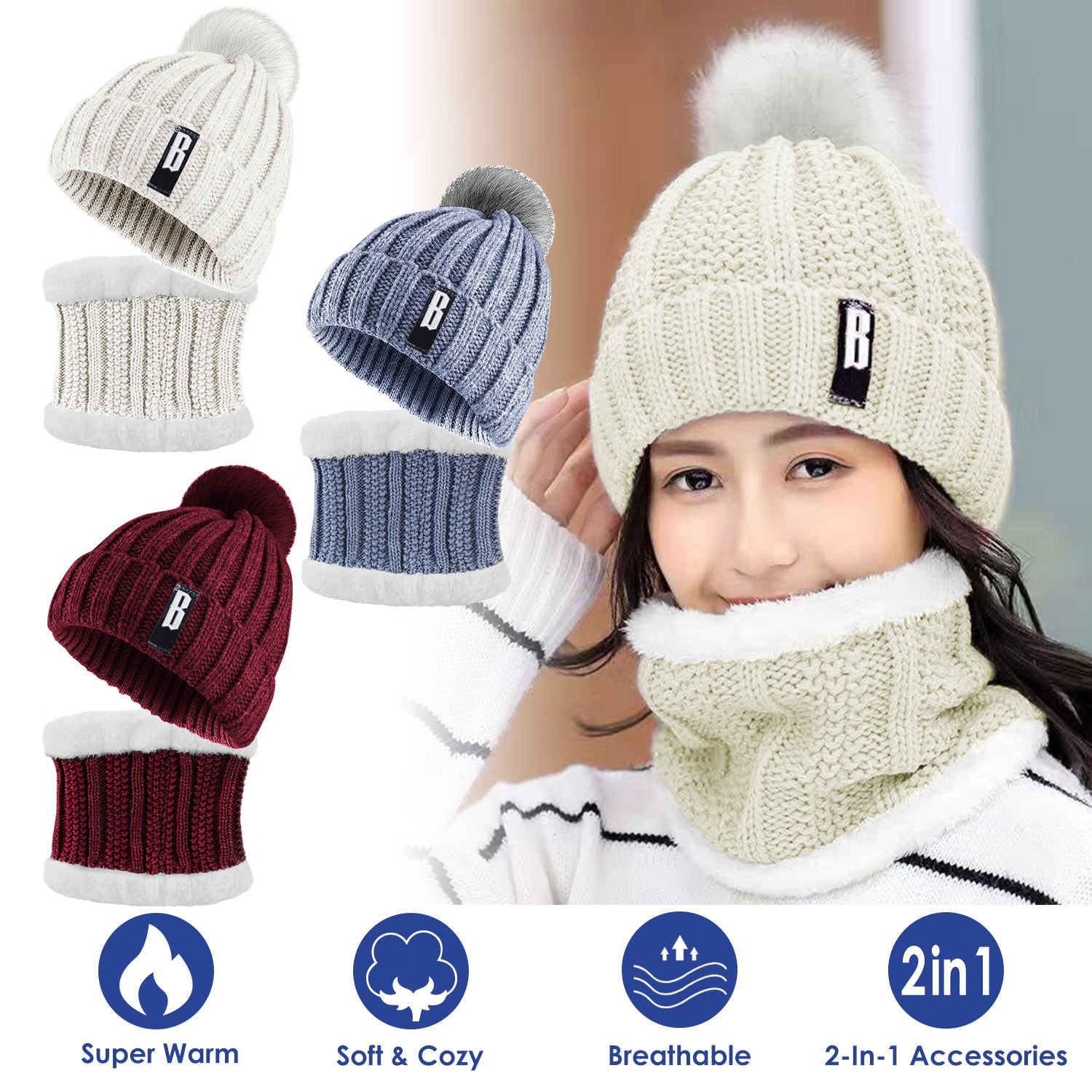 1Set Winter Beanie Hat Scarf Set Women Warm Knitting Skull Cap Neck Warmer For Walking Running Hiking Camping Outdoors Gift Main image