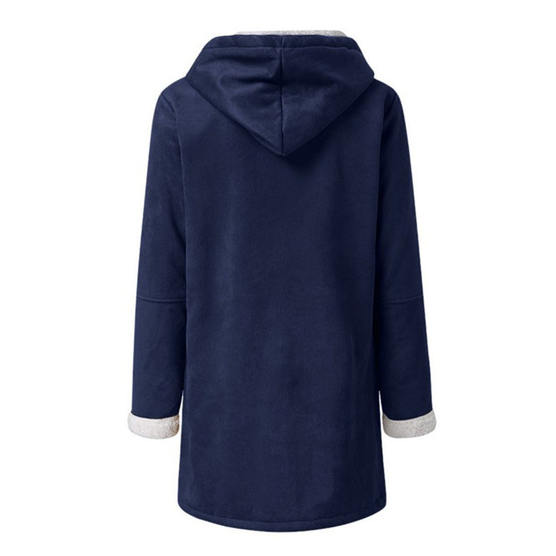 Winter Jackets For Women Sherpa Lined Jacket Women Duffle Toggle Coat Hooded Fleece Jacket back view with hood.