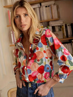 Women's Shirt Long Sleeved Shirt Casual Printed Flower Shirt worn by a model with a vibrant floral pattern.