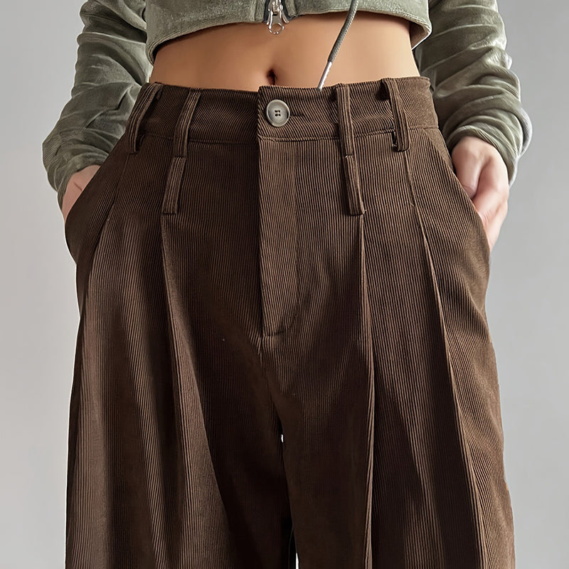 Women's Solid Color High-Waisted Pleated Pants with Pockets Wide Leg