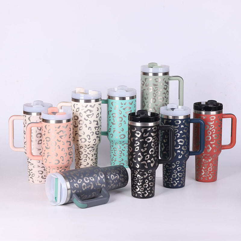 40oz Insulated Stainless Steel Tumbler Handle Straw Lid collection in various colors with leopard print design.
