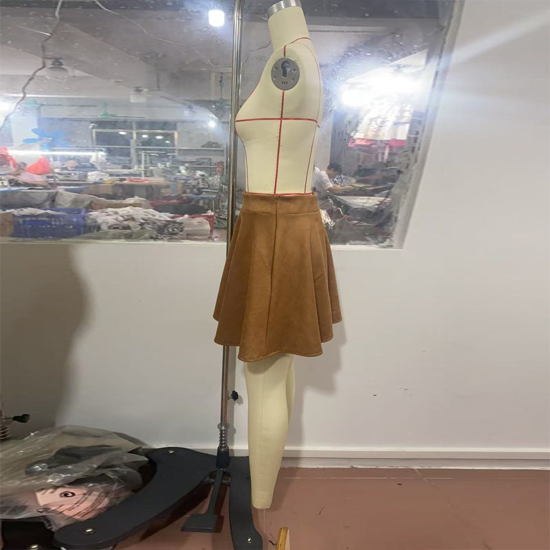 Suede-Look A-Line Mini Skirt High Waist Elastic Above-Knee Spring