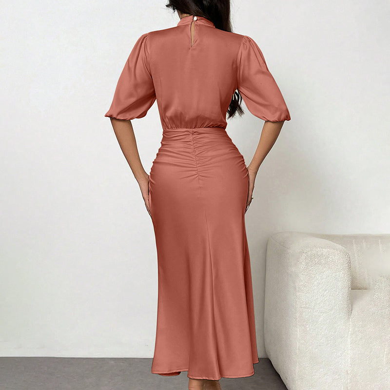 Women's Short Sleeve Ruched Midi Dress Slim Fit Elegant Party in a stylish back view, showcasing its flattering design.