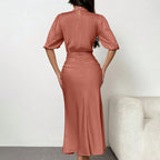 Women's Short Sleeve Ruched Midi Dress Slim Fit Elegant Party in a stylish back view, showcasing its flattering design.