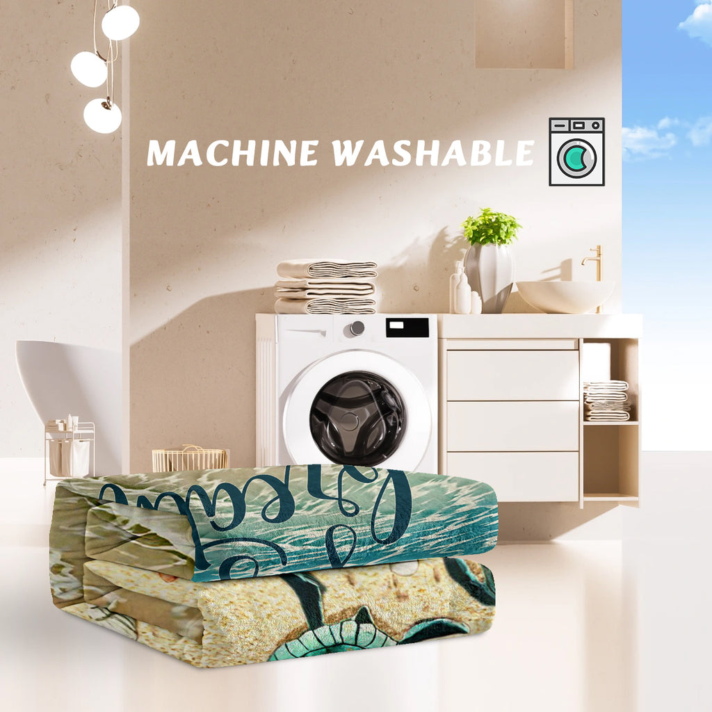 Tropical Baby Sea Turtle Flannel Fleece Blanket 3D Ocean Waves Flannel Soft Plush Throw Blanket Cozy Blankets For Bed Chair Car Sofa Couch Bedroom 75x100cm 130x150cm in a laundry room.