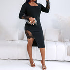 Women's Square Neck Lace Dress, Solid Color Bodycon Slit Hem Midi Dress