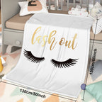 Flannel Velvet Blanket Long Eyelashes with lash out design in kids' room, featuring black eyelashes on white fabric.