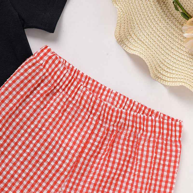 Toddler Baby Boy Back To School Outfit Summer Applique T-Shirt & Red Gingham Shorts Set