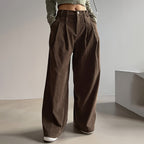 Women's Solid Color High-Waisted Pleated Pants with Pockets Wide Leg