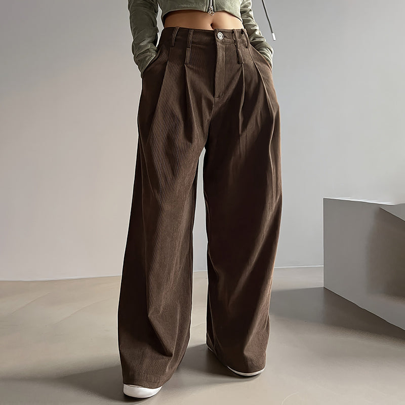 Women's Solid Color High-Waisted Pleated Pants with Pockets Wide Leg