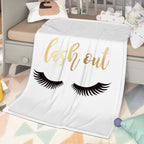 Flannel Velvet Blanket Long Eyelashes with graphic design featuring 'lash out' text and long eyelashes pattern.