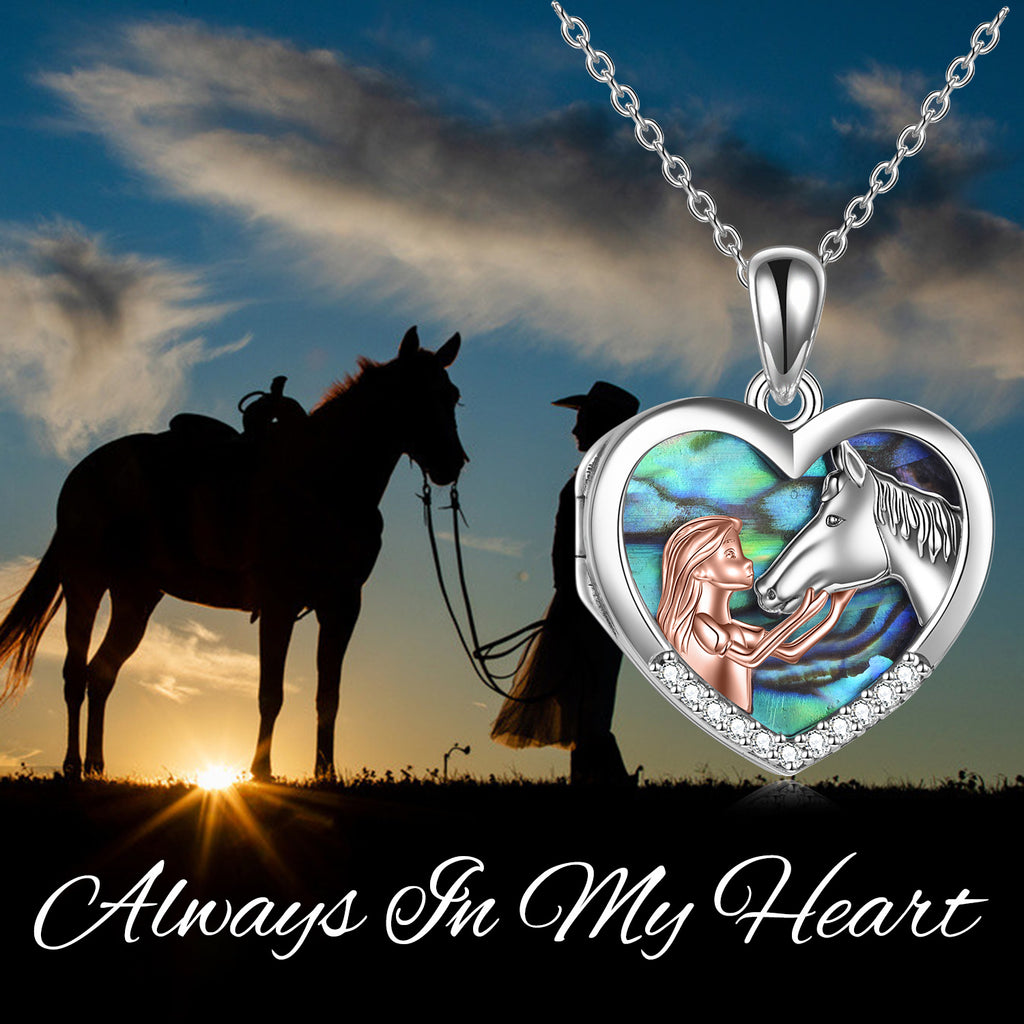 Horse Heart with Girls Pendant Necklace Gifts for Her Abalone Shell