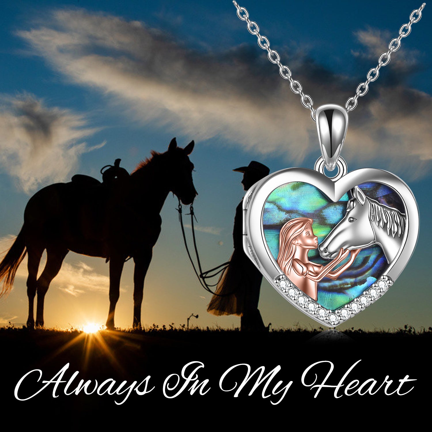 Horse Heart with Girls Pendant Necklace Gifts for Her Abalone Shell