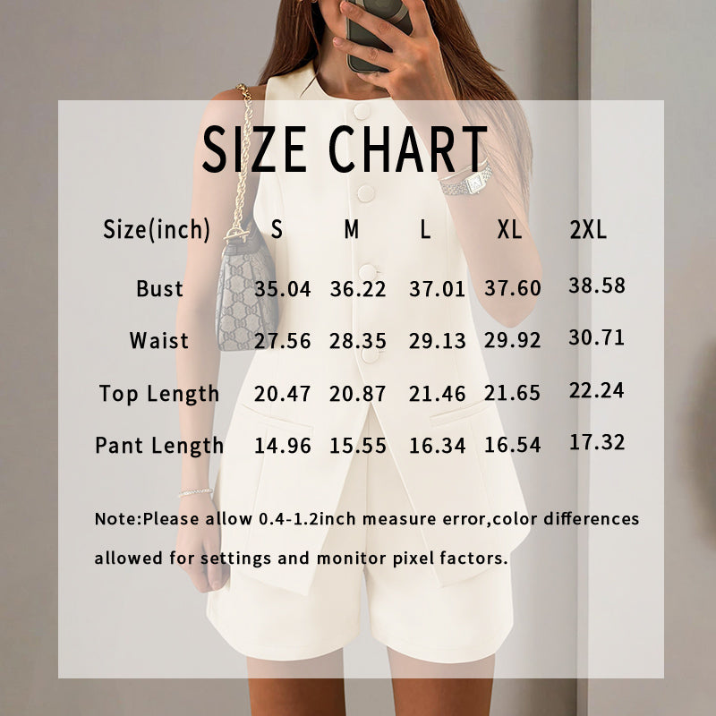Size chart for Women's Summer 2 Piece Short Sets Sleeveless Crew Neck Suit Vest Tops High Waist Shorts Business Outfits.