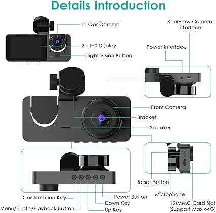 3 Channel Dash Cam, 1080P Dash Cam Front And Rear Inside, Three Way Dash Camera For Cars, Car Camera With 32GB Card, 24H Parking Mode, Loop Recording, Super Night Vision