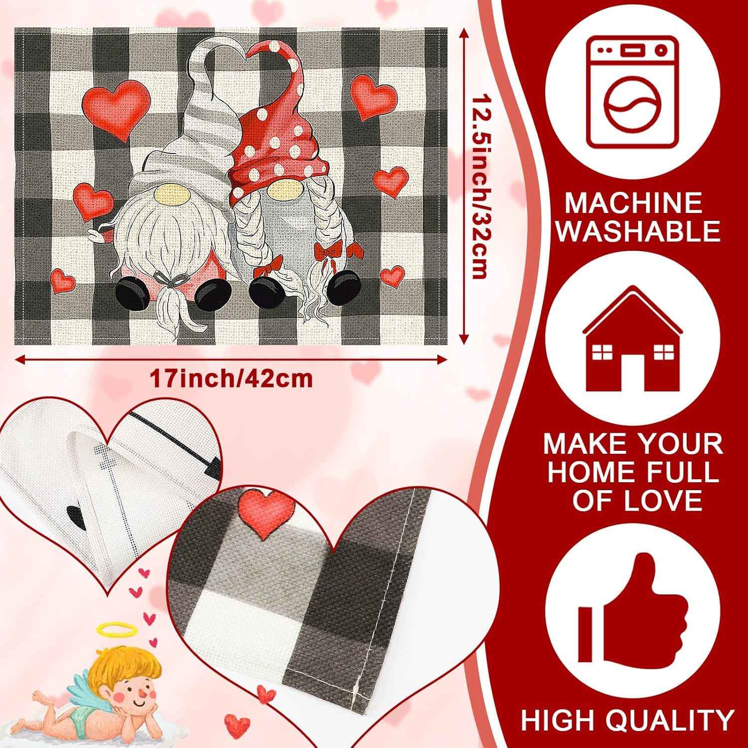 Valentines Day Placemats Set Of 4 Gnomes And Hearts Pattern Secondary image