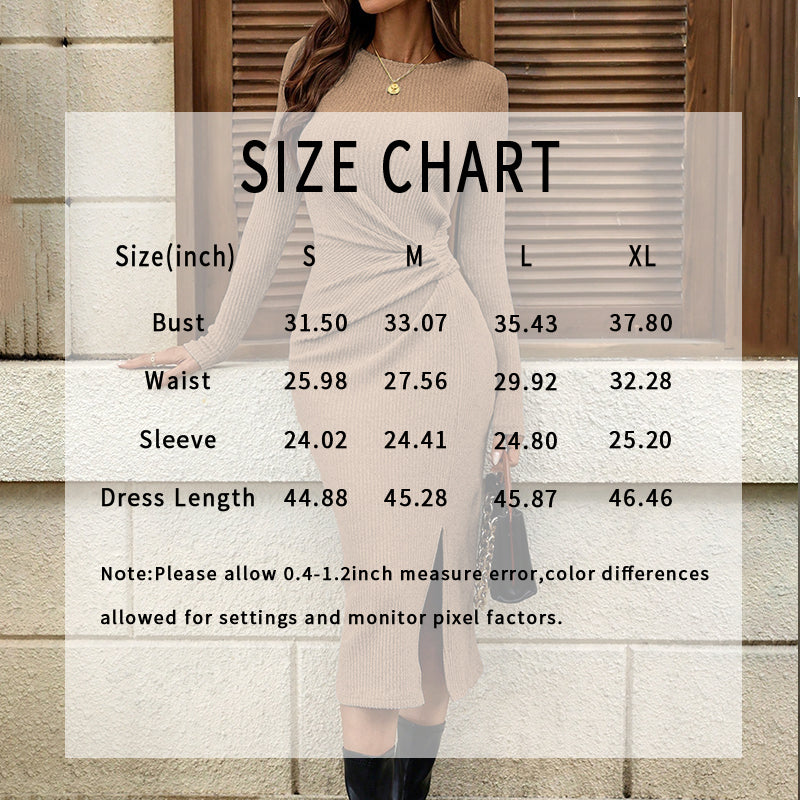 Size chart for Women's Casual Twist Front Long Sleeve Midi Dress Round Neck Split Hem Bodycon Dresses.