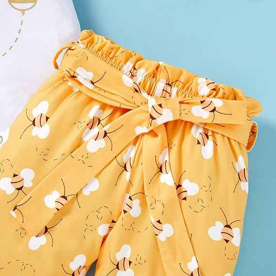 Infant Baby Girl Sweet Bee Outfits Letter Print Romper Honey Bees Pants Bowknot Headband Clothes Set