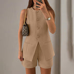 Women's Summer 2 Piece Short Sets Sleeveless Crew Neck Suit Vest Tops High Waist Shorts Business Outfits in beige.