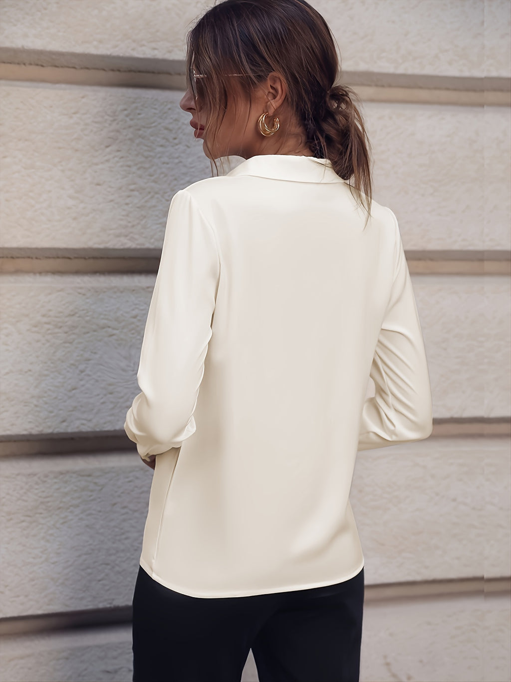 Women’s Elegant Long Sleeve Business Shirt with Pearl Buttons – Stand Collar, Polyester, All-Season Wear, back view.