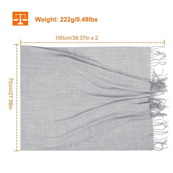 Mens Womens Oversize Cashmere Wool Shawl Wraps Blanket Winter in light gray, 100cm x 70cm dimensions with fringed edges.