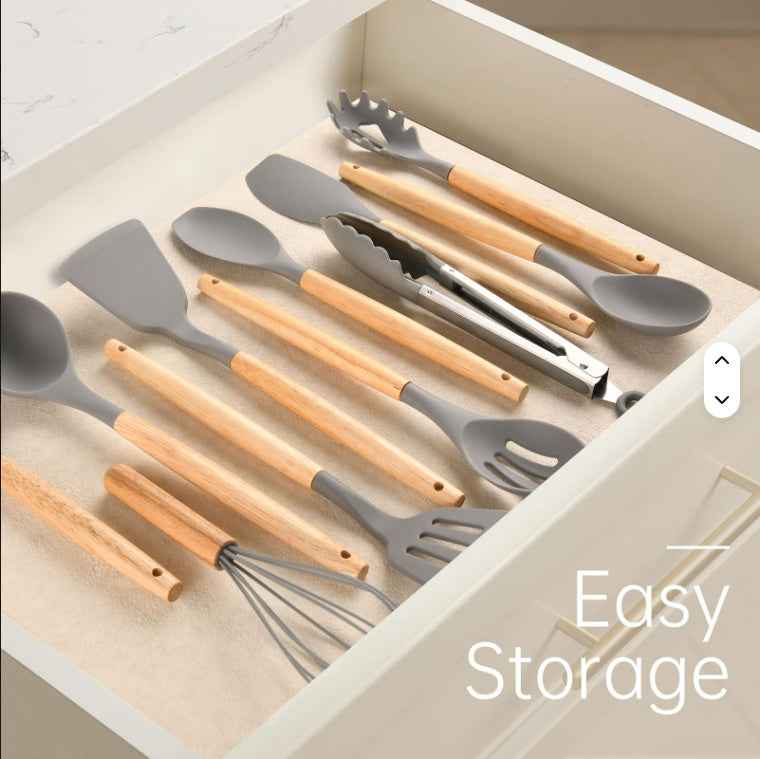 Non-Stick Silicon 12 Pcs Heat Resistant Wooden Handle Kitchen Cooking Utensils Set, Gray Color