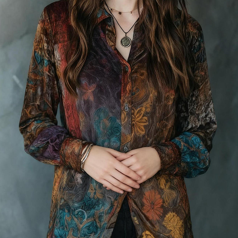 Women's Retro Boho Floral Shirt - Button Down Long Sleeve Blouse Top