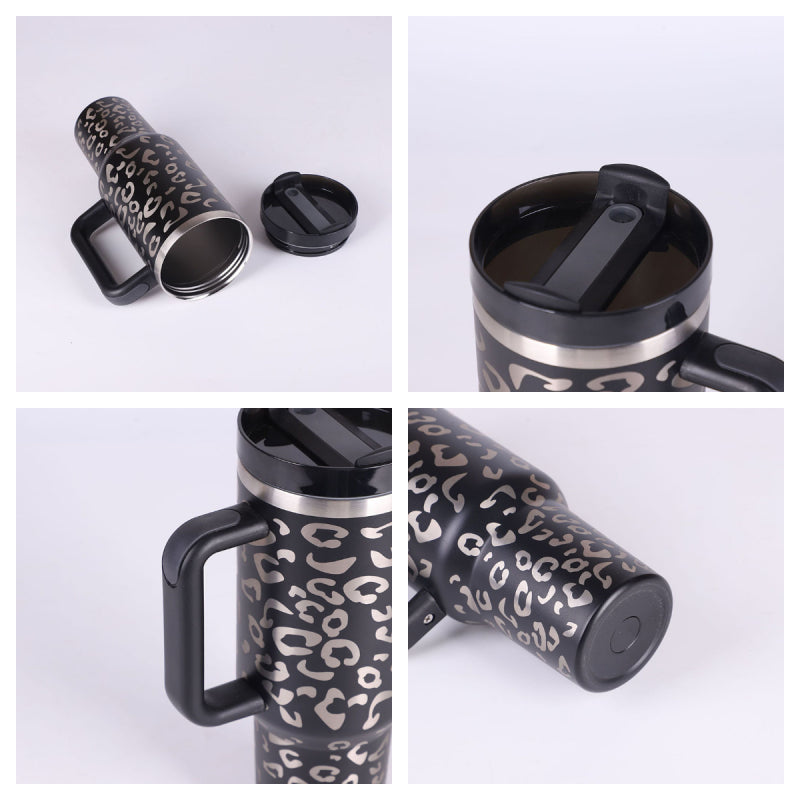40oz Insulated Stainless Steel Tumbler Handle Straw Lid with leopard print design and spill-resistant lid