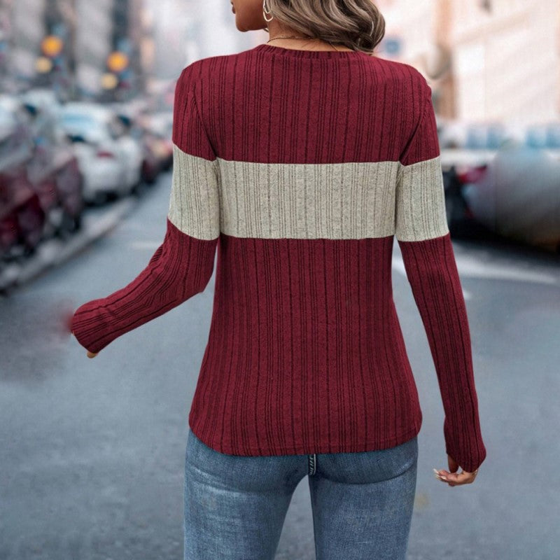 Women's Elegant Color-Block Round Neck Top - Basic Solid Color Contrast Casual Shirt For Fall&Winter displayed on a model from the back.