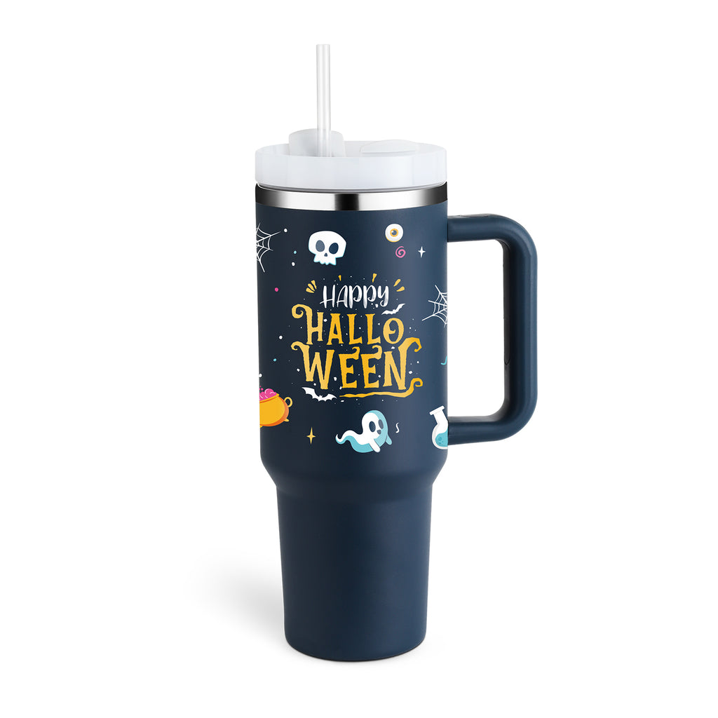 40oz Insulated Stainless Steel Tumbler Handle Straw Lid with Halloween design and built-in handle.