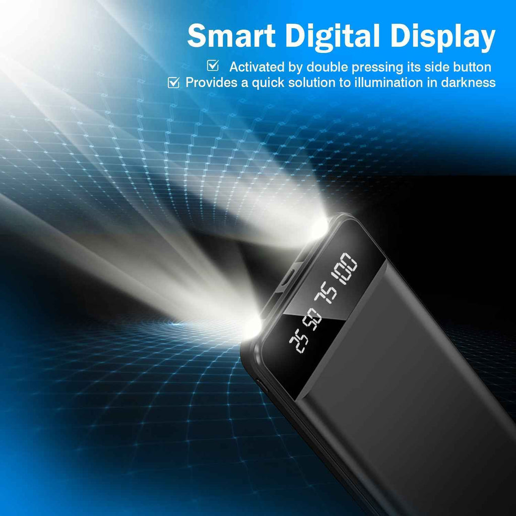 10,000mAh Portable Power Bank, Dual USB Output, Slim Travel Charger with LED Display & Emergency Flashlight, Universal Compatibility
