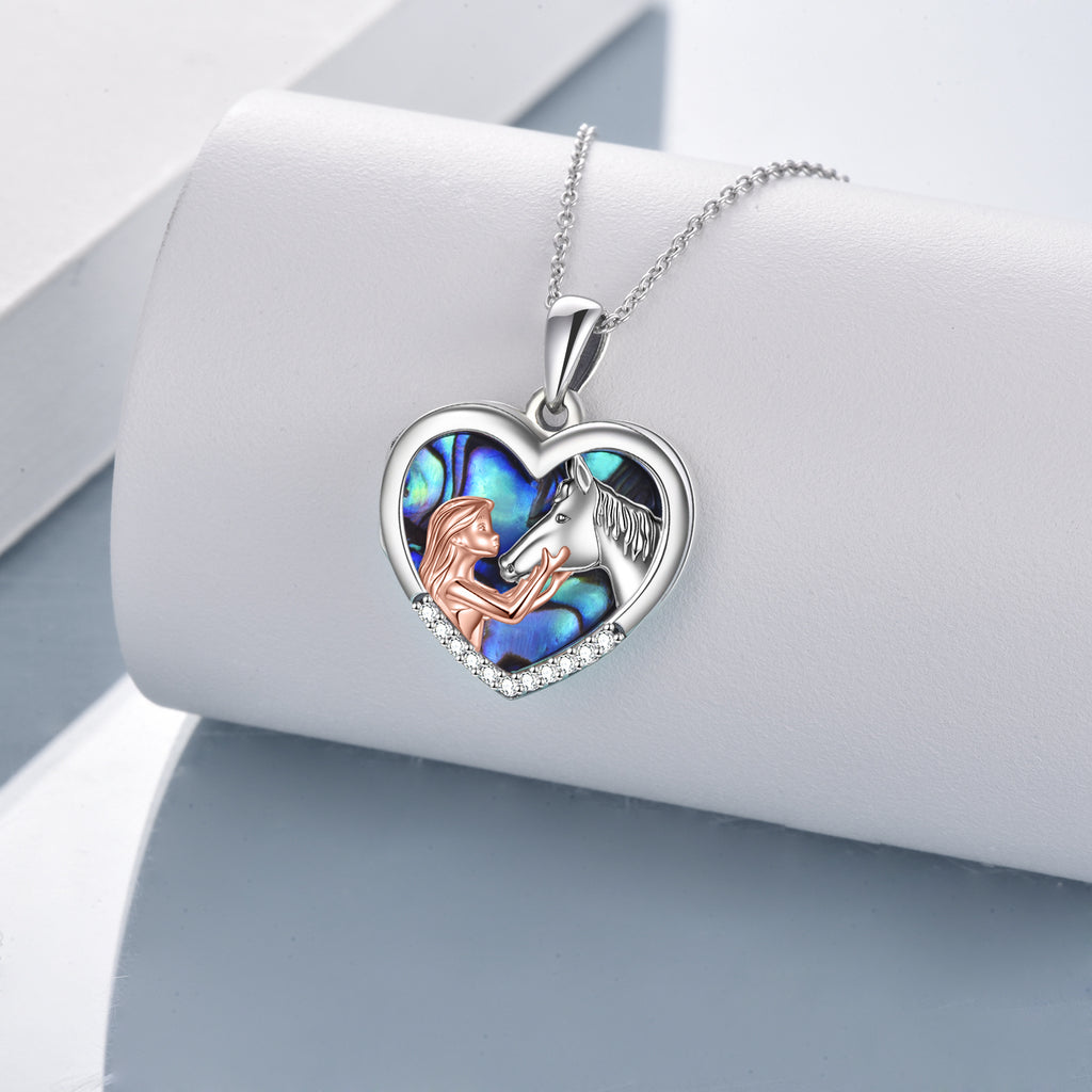 Horse Heart with Girls Pendant Necklace Gifts for Her Abalone Shell