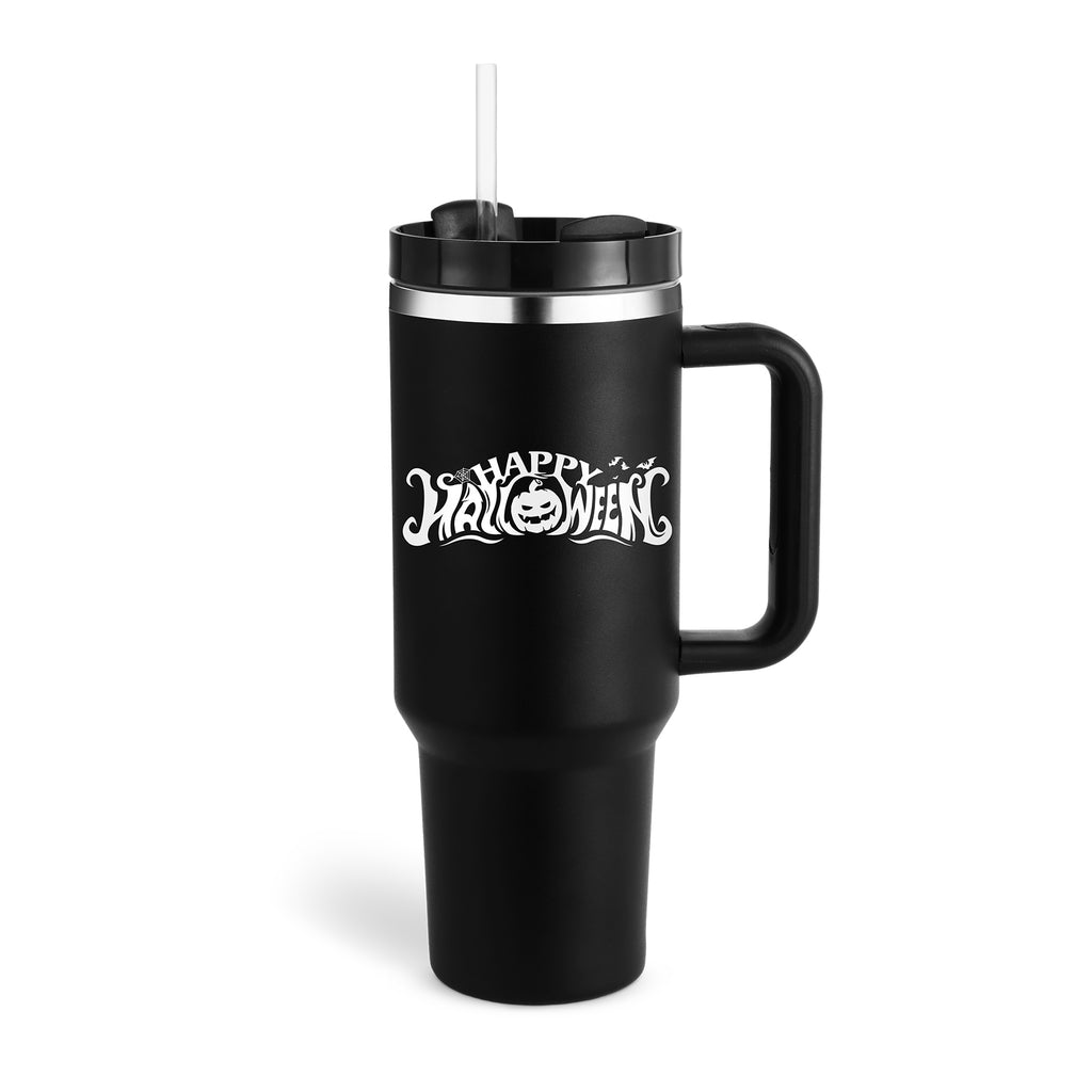 40oz Insulated Stainless Steel Tumbler Handle Straw Lid with Halloween design, black color, built-in handle, and straw.