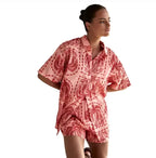 Cardigan Printed Short Sleeve shorts suit with bold pink and red palm print for casual outings and warm days.